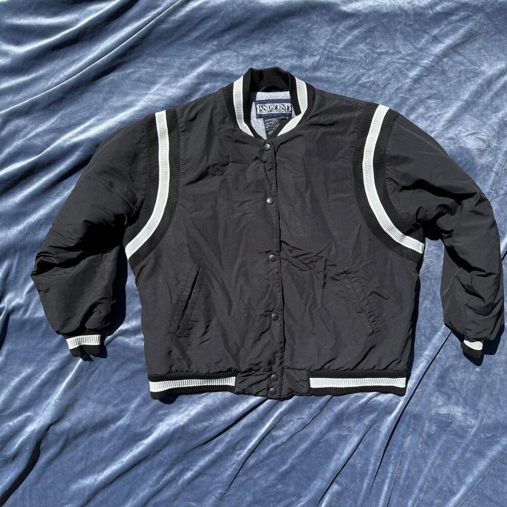 Lands End Vintage Black Varsity Bomber Jacket Womens L 14-16